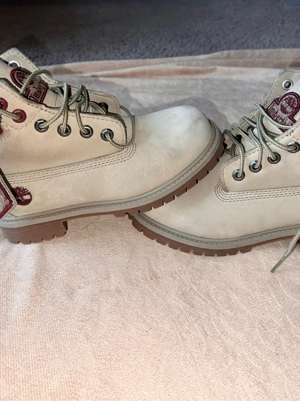 Kids size 13c Timberland Beige Boots with Maroon / Burgundy color Accents